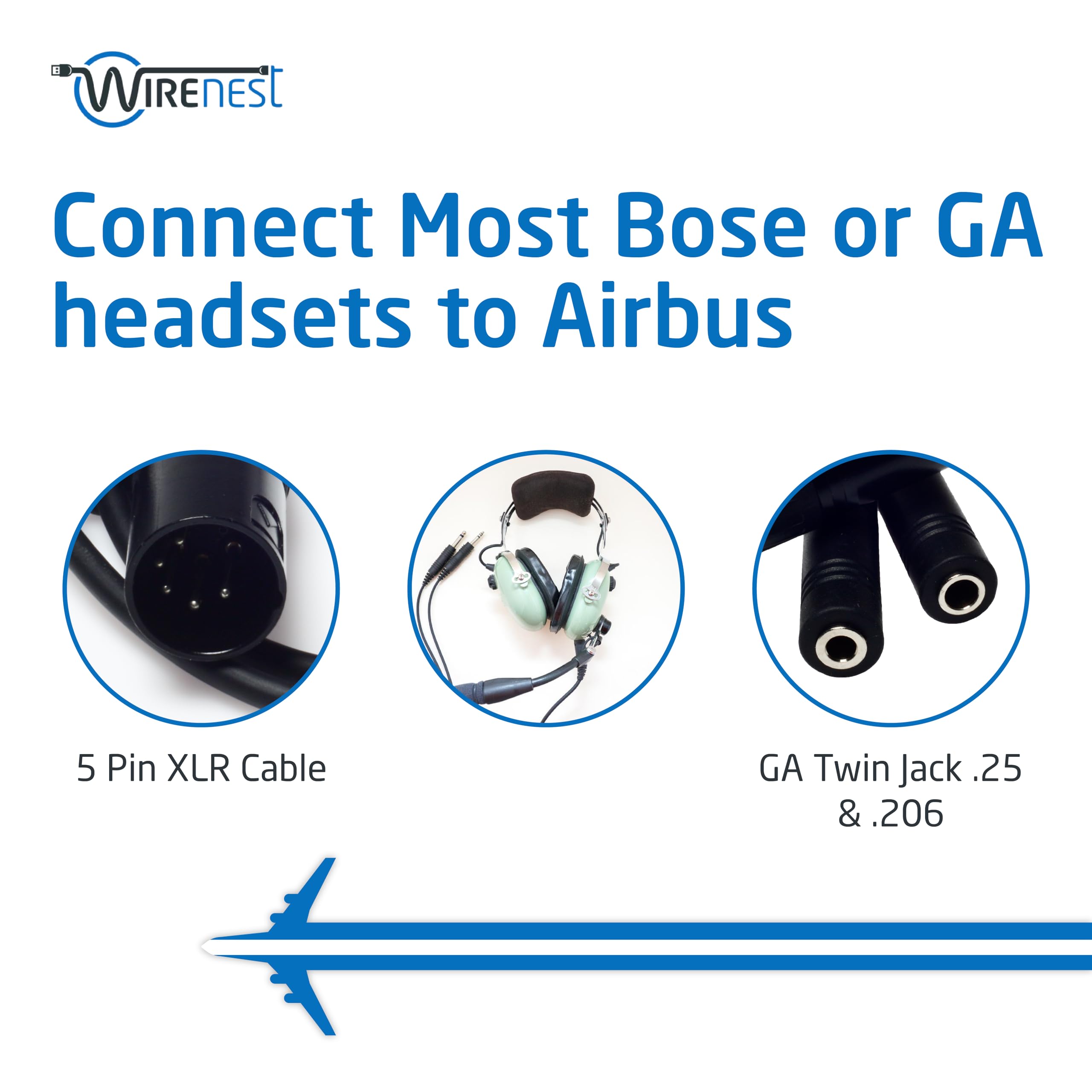 Wirenest GA Twin Plug to Airbus XLR Headset Adapter - General Aviation .206? & .25? Jacks to Female 5pin XLR Headset Connector - 5 Pin XLR - Compatible with Most Major Brand Pilot Headsets