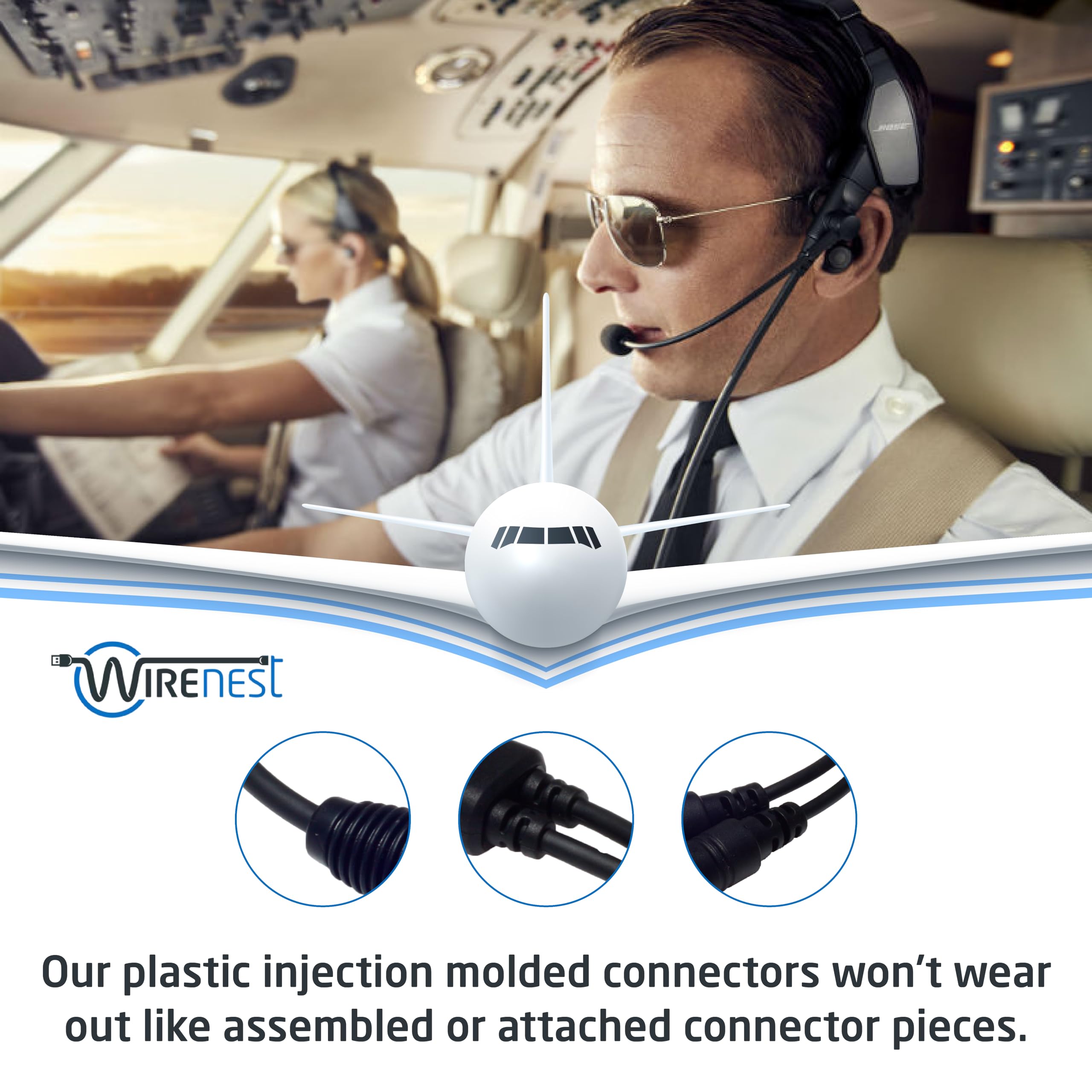 Wirenest GA Twin Plug to Airbus XLR Headset Adapter - General Aviation .206? & .25? Jacks to Female 5pin XLR Headset Connector - 5 Pin XLR - Compatible with Most Major Brand Pilot Headsets