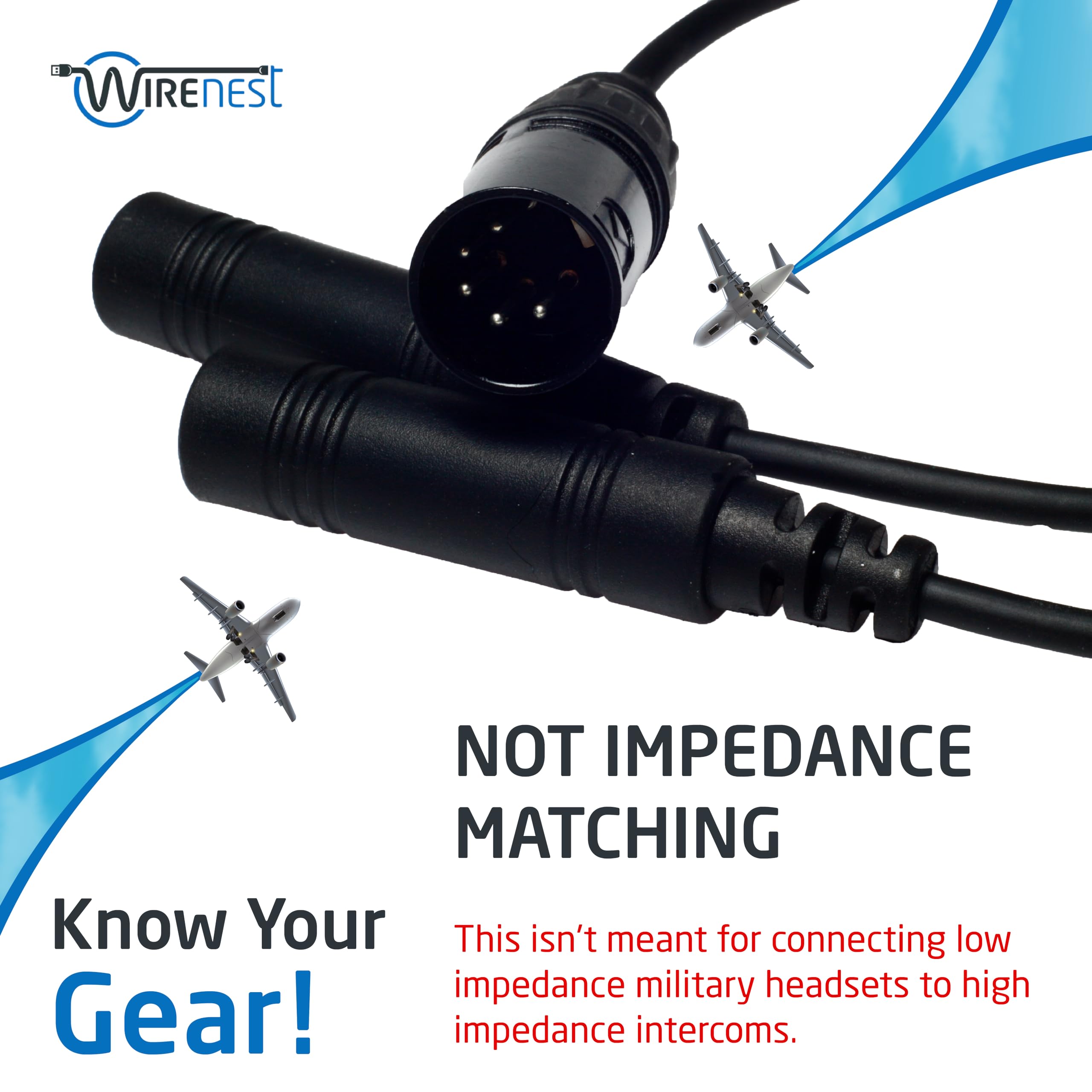 Wirenest GA Twin Plug to Airbus XLR Headset Adapter - General Aviation .206? & .25? Jacks to Female 5pin XLR Headset Connector - 5 Pin XLR - Compatible with Most Major Brand Pilot Headsets